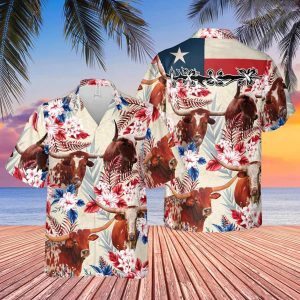 Longhorn Cattle Texas Flag Trendy Hawaiian Shirt, Farm Cow Trendy Hawaiian Shirt For Men And Women