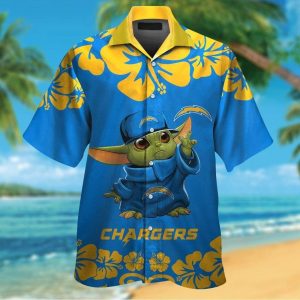 Los Angeles Chargers Baby Yoda Short Sleeve Button Up Tropical Hawaiian Shirt