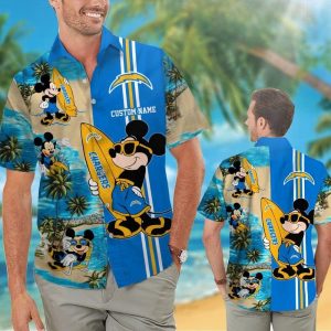 Los Angeles Chargers Mickey Name Personalized Short Sleeve Button Up Tropical Hawaiian Shirt