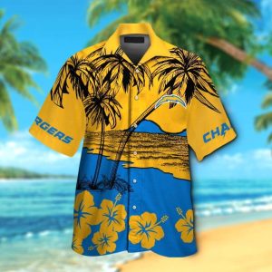 Los Angeles Chargers Short Sleeve Button Up Tropical Hawaiian Shirt