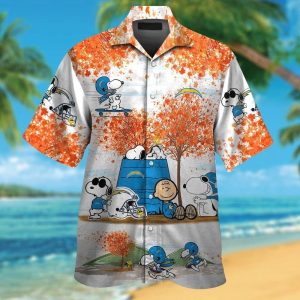 Los Angeles Chargers Snoopy Autumn Short Sleeve Button Up Tropical Hawaiian Shirt