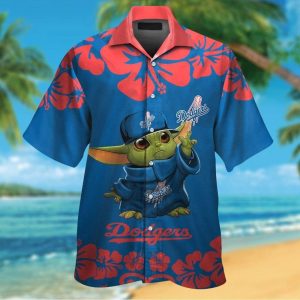 Los Angeles Dodgers Baby Yoda Short Sleeve Button Up Tropical Hawaiian Shirt