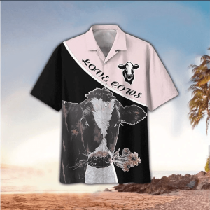 Love Cows Cow Flower Art Casual Button Down Short Sleeves Unisex Trendy Hawaiian Shirt, Hawaii Shirt Men
