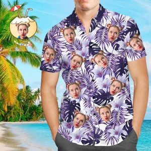 Loving Couple Purple Tropical Custom Photo KLA Trendy Hawaiian Shirts For Men And Women