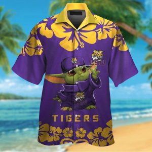 LSU Tigers Baby Yoda Short Sleeve Button Up Tropical Hawaiian Shirt