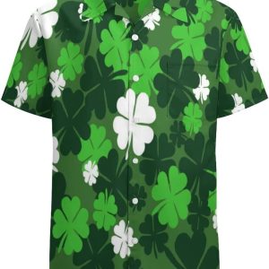 Lucky Clover St Patrick’s Day Hawaiian Shirt for Men Green Irish Shamrock Beach Party Wear