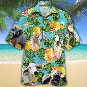 Men Brahman Cattle Green Trendy Hawaiian Shirt, Cow Trendy Hawaiian Shirt For Summer Gifts