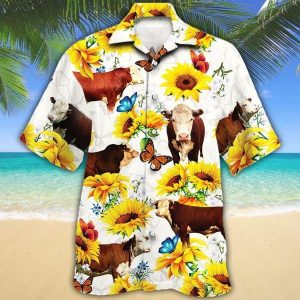 Men Hereford Cattle Hawaii Shirt White, Cow Trendy Hawaiian Shirt For Summer Gifts