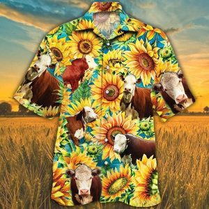 Men Hereford Cattle Hawaii Shirt Yellow, Cow Trendy Hawaiian Shirt For Summer Gifts