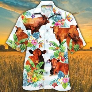 Men Red Angus Cattle Lovers Tropical Plant Trendy Hawaiian Shirt, Cow Trendy Hawaiian Shirt For Summer Gifts