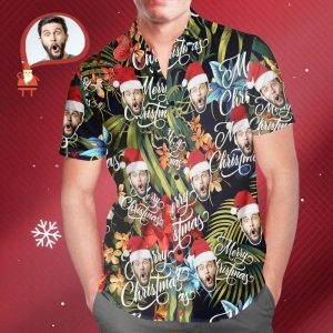 Men’s Custom Face Merry Christmas All Over Print Fun Christmas Hawaiian Shirts Gift For Men