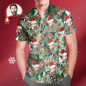 Men’s Custom Face Merry Christmas Hawaiian Shirt Personalized Christmas Gift