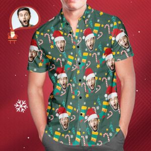 Men’s Custom Face Wear Santa Hat Christmas Hawaiian KLA Shirts Christmas Gift