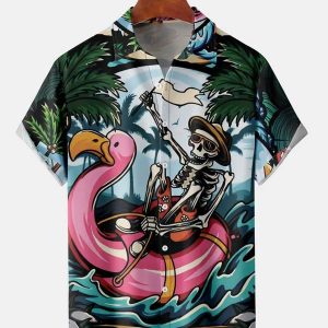 Men’s Flamingo Skull Floating Beach Party Print Short Sleeve Shirt