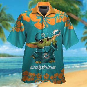 Miami Dolphins Baby Yoda Short Sleeve Button Up Tropical Hawaiian Shirt