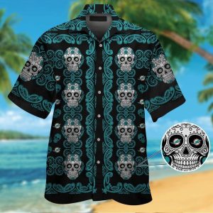 Miami Dolphinsskull Short Sleeve Button Up Tropical Hawaiian Shirt VER02