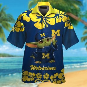 Michigan Wolverines Baby Yoda Short Sleeve Button Up Tropical Hawaiian Shirt