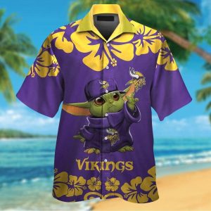 Minnesota Vikings Baby Yoda Short Sleeve Button Up Tropical Hawaiian Shirt