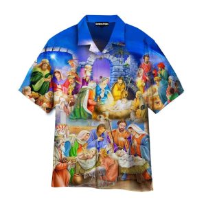 Nativity Christmas Birth Of Jesus Blue KLA Hawaiian Shirts For Men And Women