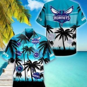 NBA Charlotte Hornets Black Teal Palm Trees Beach Hawaiian Shirt