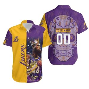 NBA Los Angeles Lakers Custom Name Number Golden Purple Lebron James Western Conference Skull Hawaiian Shirt