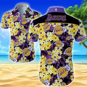 Nba Los Angeles Lakers Golden Flowers Purple Leaves Trendy Hawaiian Shirt KLA Shirt
