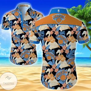 Nba New York Knicks Orange Blue Hibiscus Tropical Flowers Trendy Hawaiian Shirt KLA Shirt