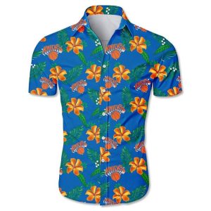 Nba New York Knicks Orange Blue Tropical Flowers Trendy Hawaiian Shirt KLA Shirt
