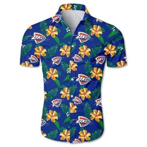 Nba Oklahoma City Thunder Gold Hibiscus Green Leaves Trendy Hawaiian Shirt KLA Shirt