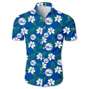 Nba Philadelphia 76Ers White Hibiscus Flowers Green Leaves Trendy Hawaiian Shirt KLA Shirt