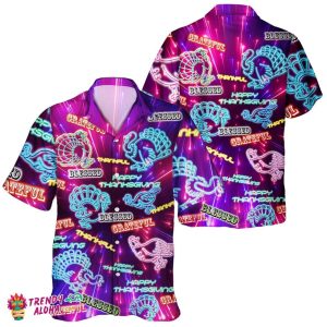 Neon Turkey and Pumpkin Unisex Hawaiian Shirt for Thanksgiving Gathering