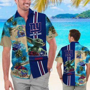 New York Giants Baby Yoda Name Personalized Short Sleeve Button Up Tropical Hawaiian Shirt