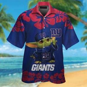 New York Giants Baby Yoda Short Sleeve Button Up Tropical Hawaiian Shirt