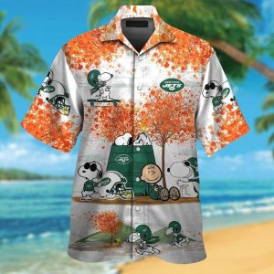 New York Jets Snoopy Autumn Short Sleeve Button Up Tropical Hawaiian Shirt