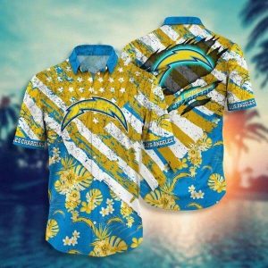 NFL Los Angeles Chargers Gold Flowers Blue Hawaiian Shirt