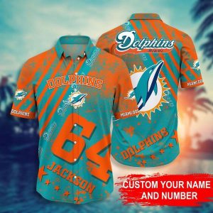 NFL Miami Dolphins Custom Name Number Aqua Orange Hawaiian Shirt