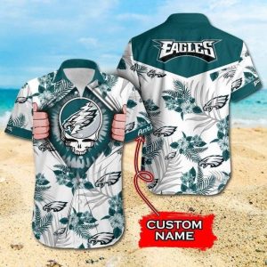 NFL Philadelphia Eagles Custom Name Flower Skull Hawaiian Shirt