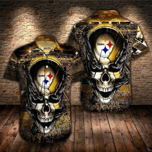 Nfl Pittsburgh Steelers Iron Skull Golden Black Trendy Hawaiian Shirt KLA Shirt