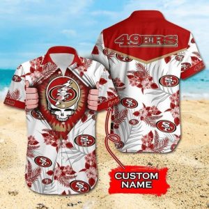 NFL San Francisco 49Ers Custom Name Red Tropical Flower Skull Hawaiian Shirt