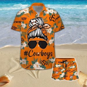 Oklahoma State Cowboys Girl Messy Bun Short Sleeve Button Up Tropical Hawaiian Shirt