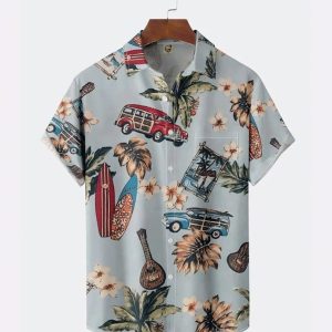 Palm Leaf Chest Pocket Short Sleeve Trendy Hawaiian Shirt, Short Sleeve Button Down, Gift For Family, Hawaiian Set Gift, Funny Trendy Hawaiian Shirt.