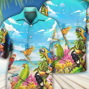 Parrot Beach And Sky Art – Trendy Hawaiian Shirt, Tropical Beach Shirt Button Down Shirt, Funny Trendy Hawaiian Shirt, Best Gifts For Men, Hawaiian Set.