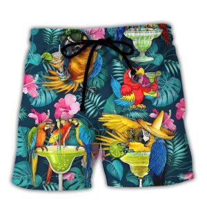 Parrot Funny Drinking Cocktails The Beach Is My Happy Place Tropical Style Trendy KLA Hawaiian Beach Shorts
