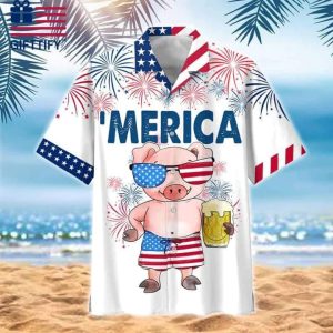 Patriotic Pig Hawaiian Shirt with Beer Theme for Summer