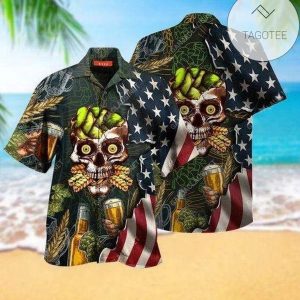 Patriotic Skull Merrily Toasting a Beer Flag on Hawaiian Shirt