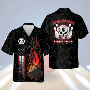 Personalized Bowling Trendy Hawaiian Shirt For Men, Funny Flame Skull Bowling Team