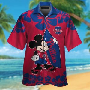 Philadelphia Phillies Mickey Mouse Short Sleeve Button Up Tropical Hawaiian Shirt