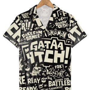 Pikachu Black and Beige Battle-Ready Graphic Print KLA Shirt, Pikachu Hawaiian Shirt Beach Family Summer Outfits