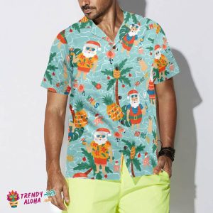 Pineapple With Santa Claus On Sea Beach Hawaiian Shirt