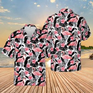 Pink Flamingo, Black Parrots And Plants Hawaii Shirt, 3D T-Shirt